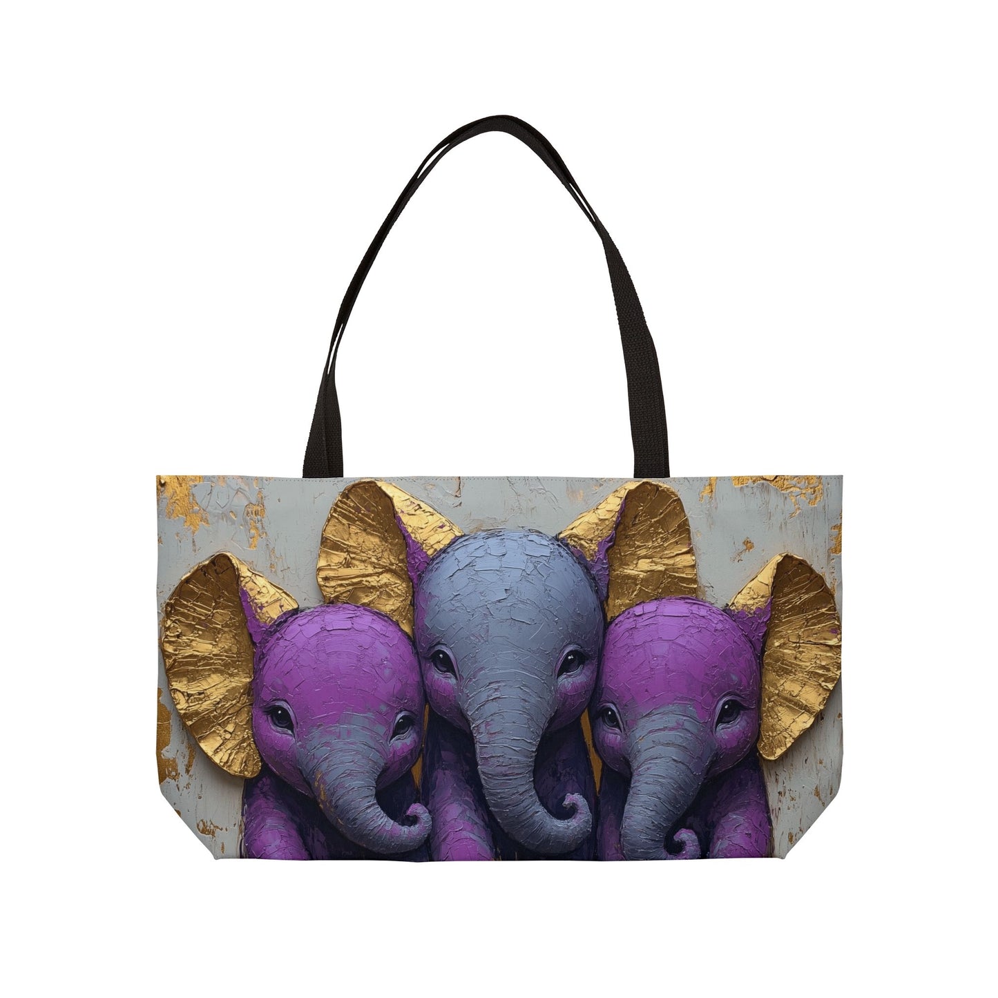 baby elephants- purple-gold large tote weekender tote bag