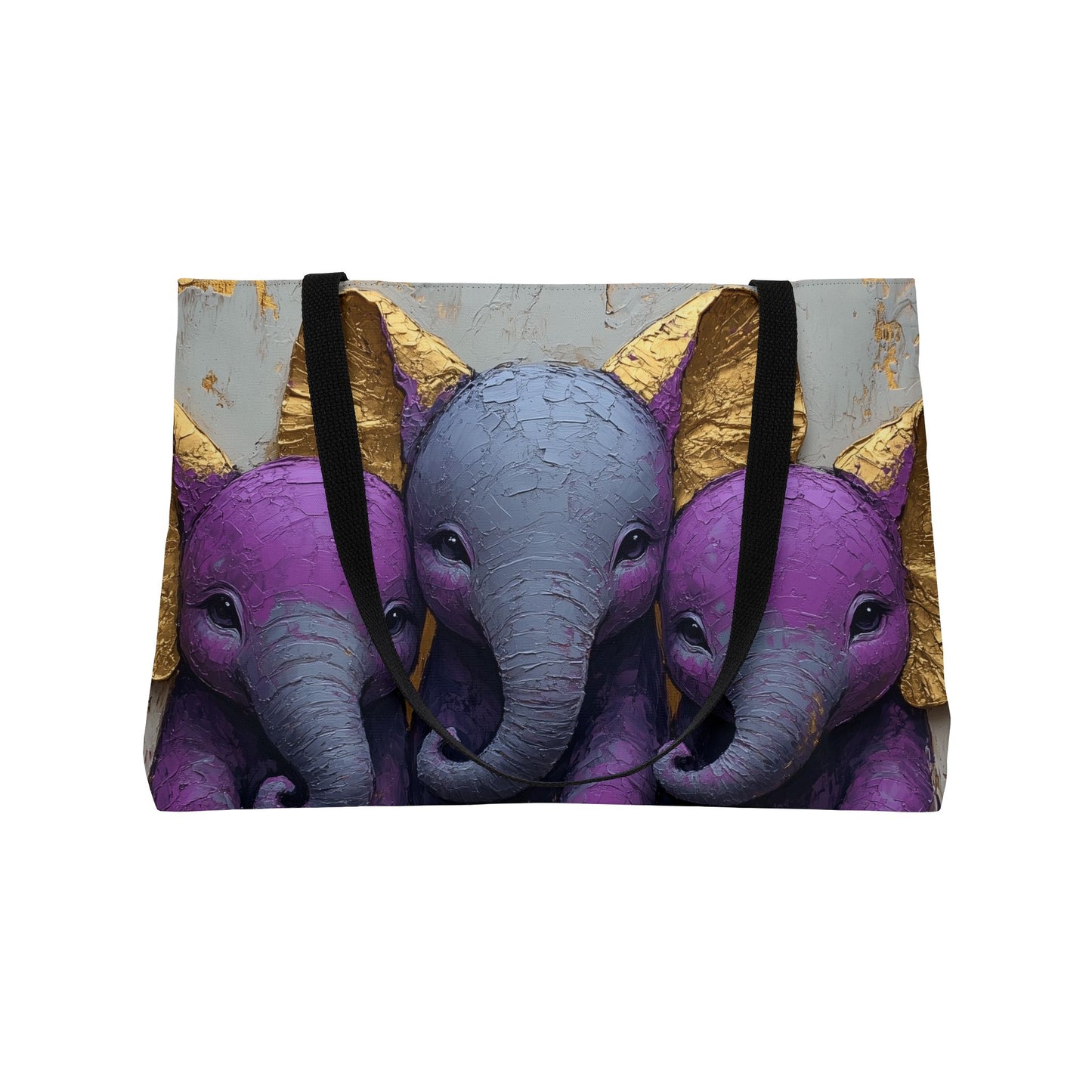 baby elephants- purple-gold large tote weekender tote bag