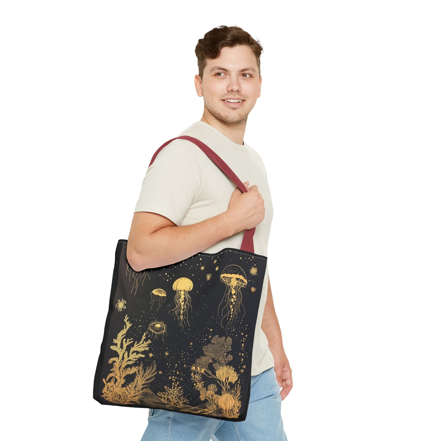 black gold fish and coral tote bag 18"